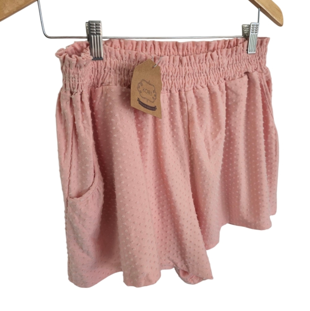 NWT Kori High Smocked Waist Shorts Peach Popcorn Texture Size Large